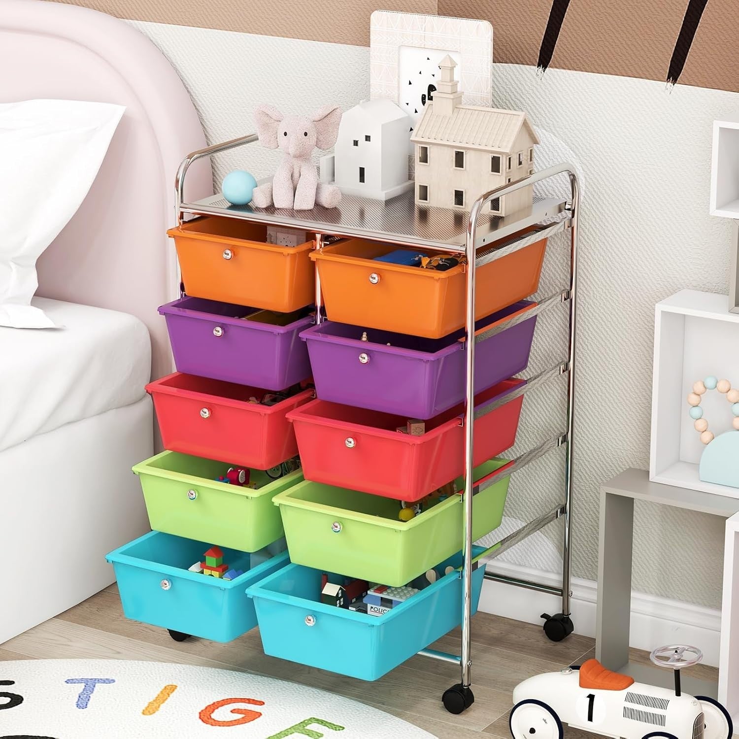 10 Drawer Multicolor Storage Cart Rolling Utility Organizer with Wheels