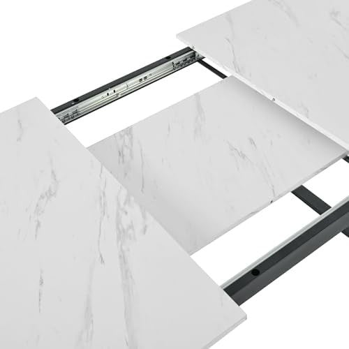 Extendable Marble Look Dining Table 140-180cm White Desktop Black Legs