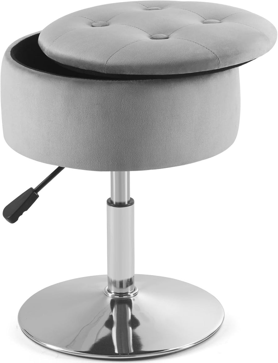 Grey Velvet Vanity Stool with Storage Adjustable Swivel Makeup Chair Chrome Base
