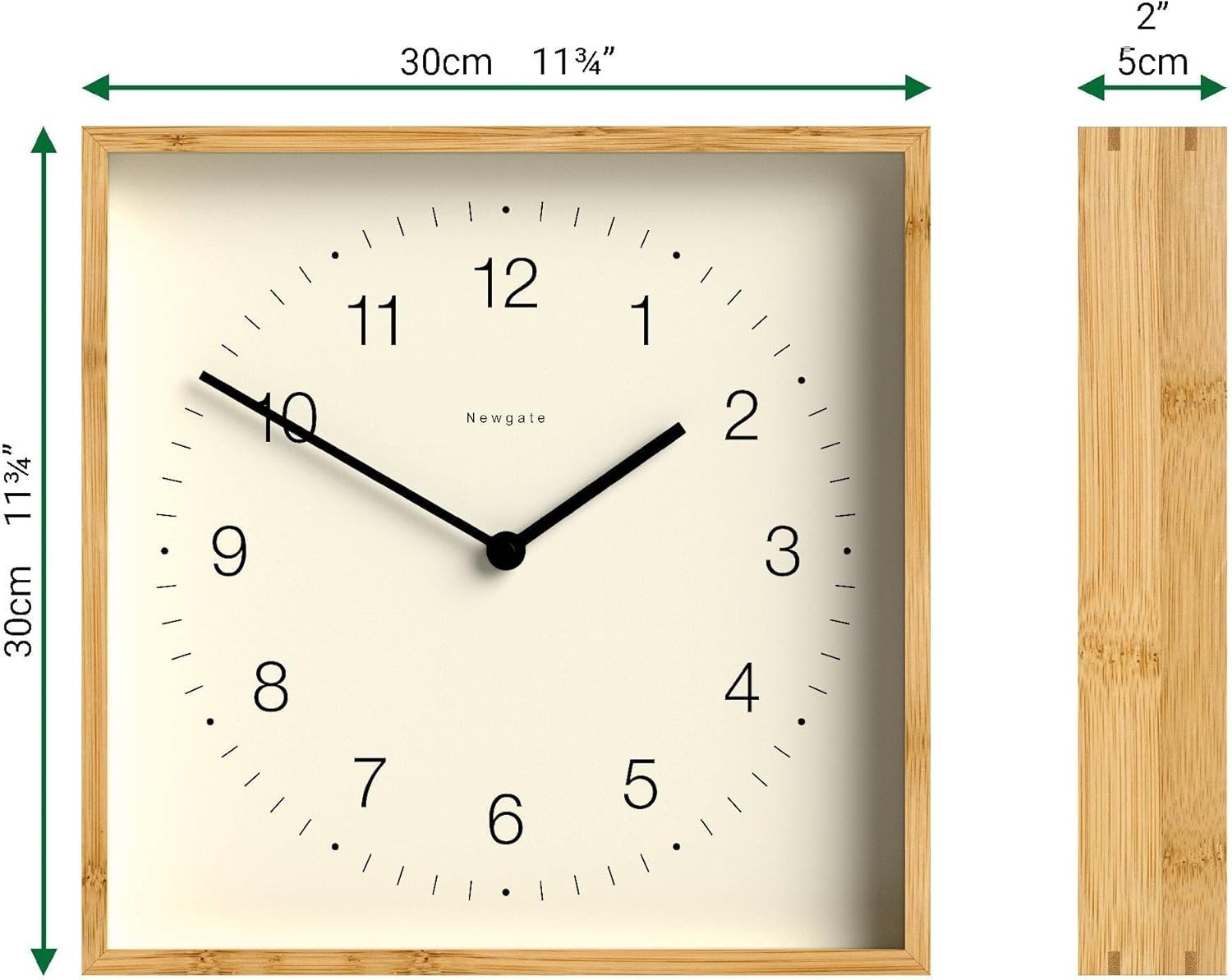 30cm Square Bamboo Wall Clock | Modern Scandi Minimalist Quiet Sweep