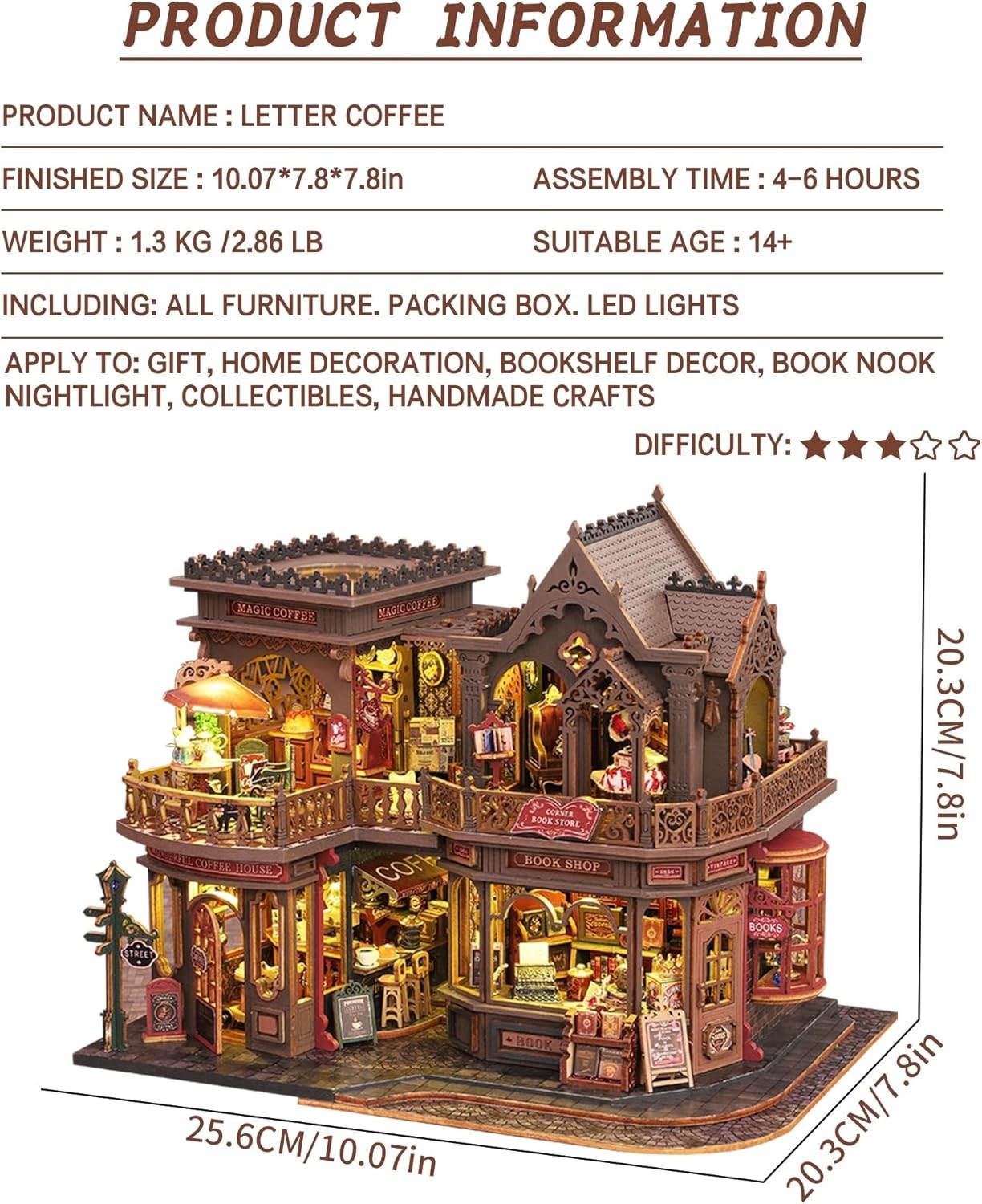 Victorian Bookshop Miniature House Kit DIY Wooden Puzzle LED Book Nook