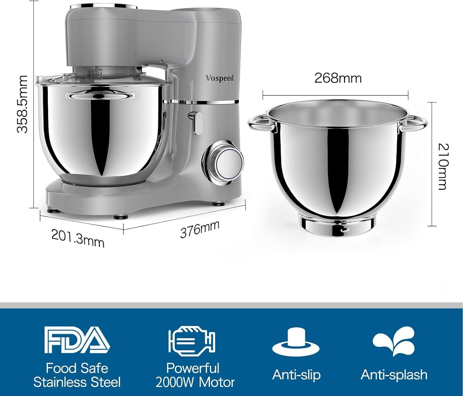 2000W Stand Mixer 8L Bowl Dough Hook Beater Whisk Tilt-Head Kitchen Chef