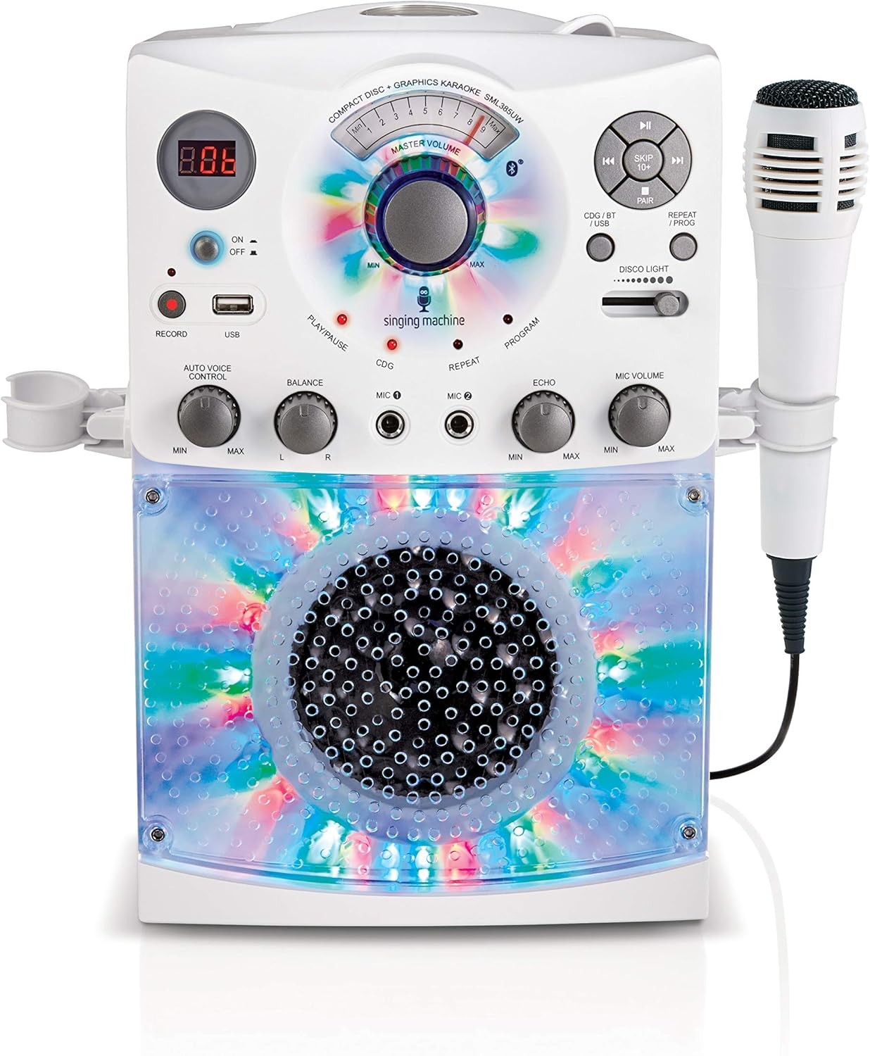 Bluetooth Karaoke Machine CD+G USB LED Lights Mic White