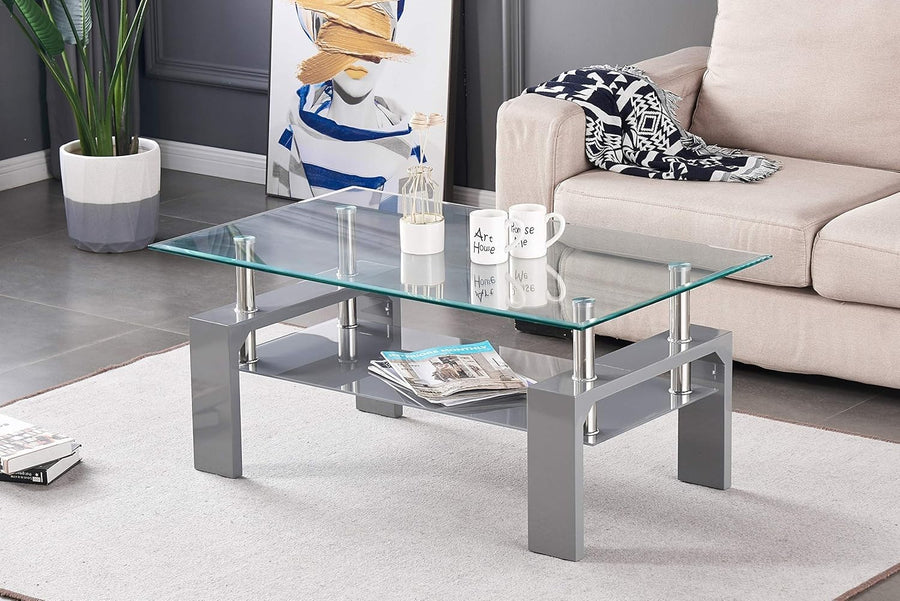 Modern Glass Top Coffee Table with Grey Shelf & High Gloss Legs – 100x60cm