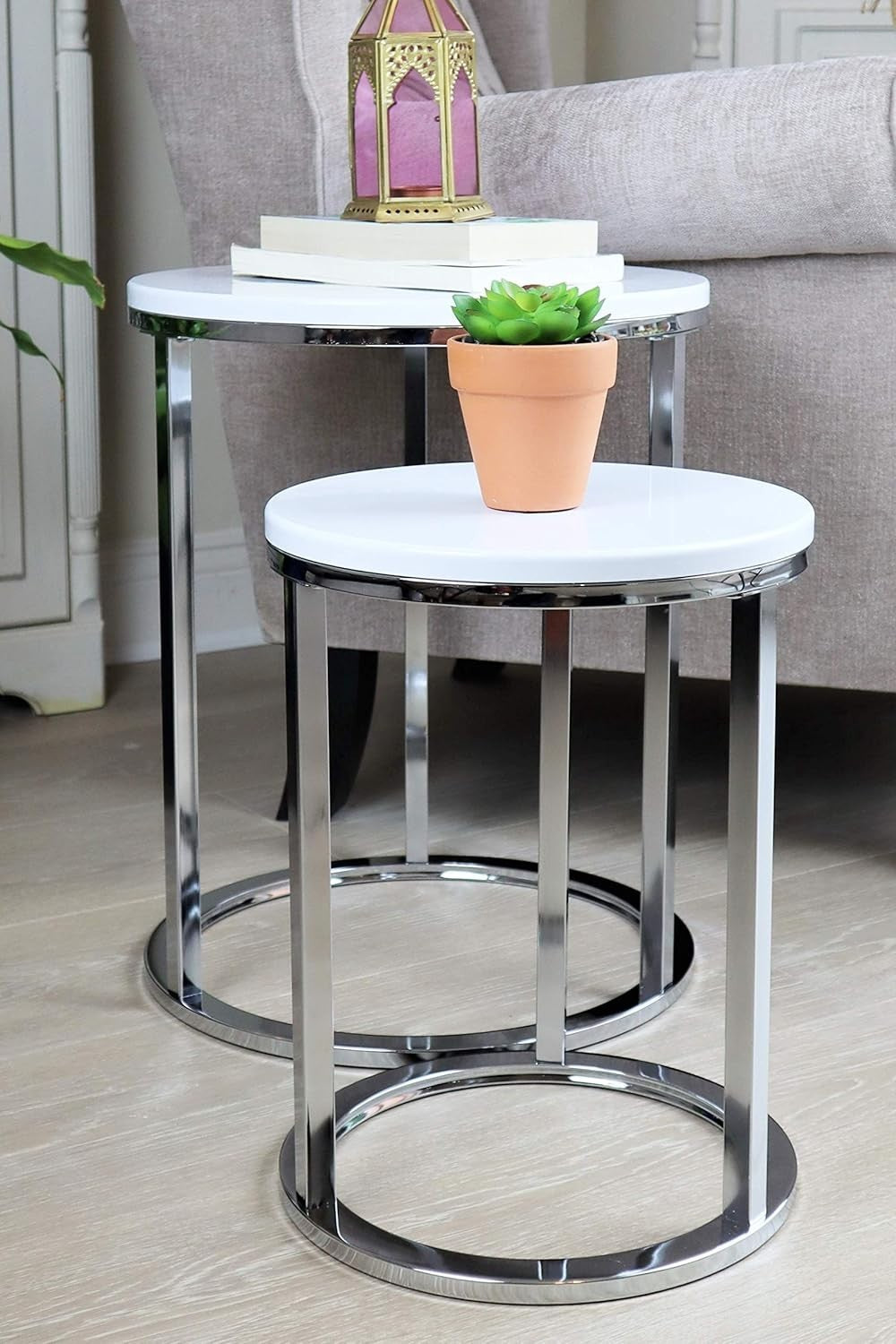 Space Saving Nesting Coffee Tables Set of 2 Round Side End Table White/Chrome