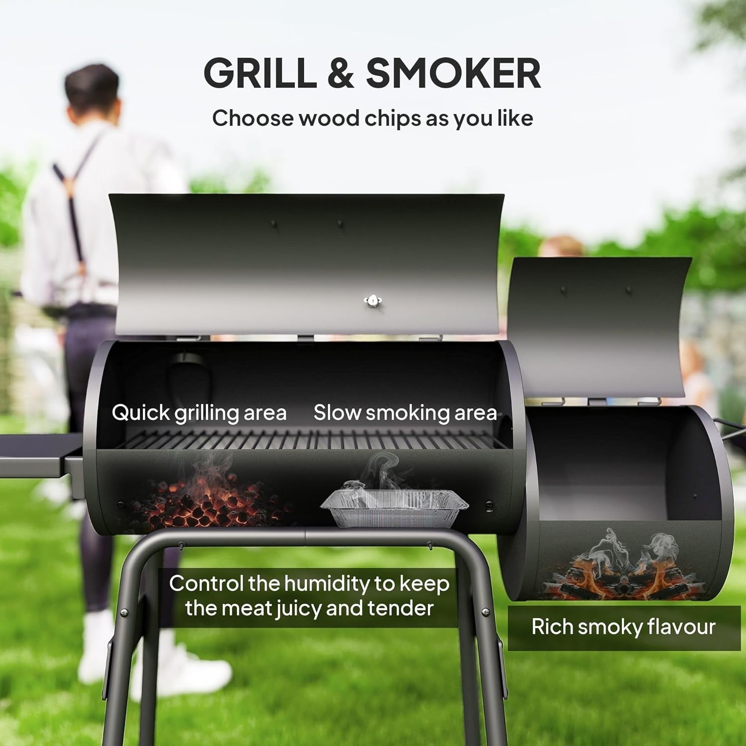 Charcoal BBQ Grill with Offset Smoker | Outdoor Barrel Barbecue with Shelves