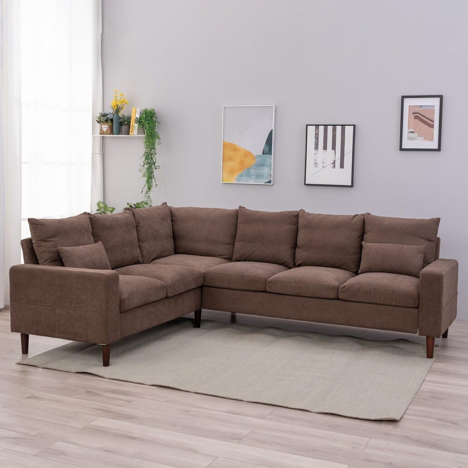 6 Seater L Shape Corner Sofa Brown Linen Modern Large 3+2 Lounge Couch
