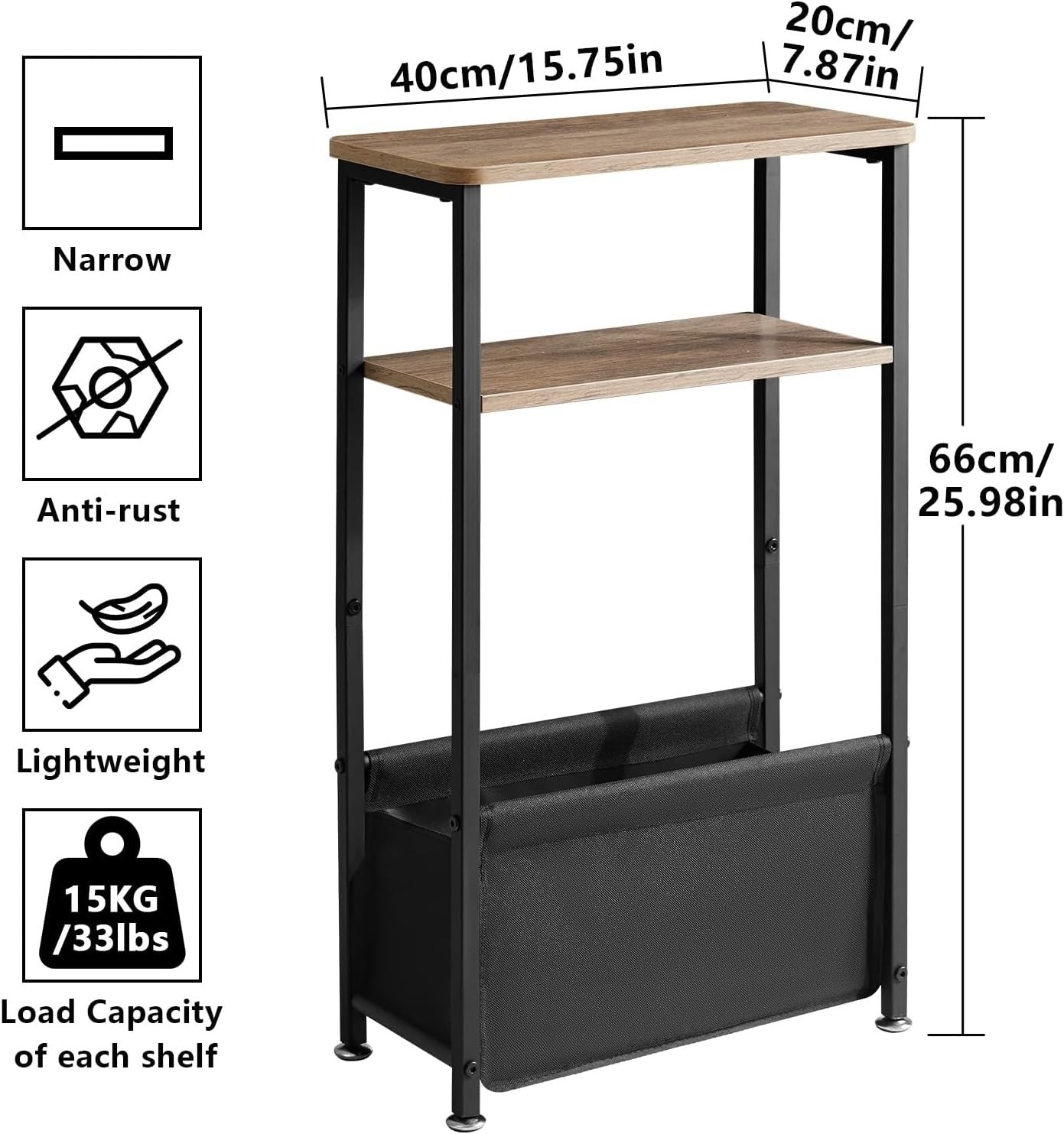 Slim 3-Tier Side Table with Storage Basket – Narrow Bedside/End Table for Small