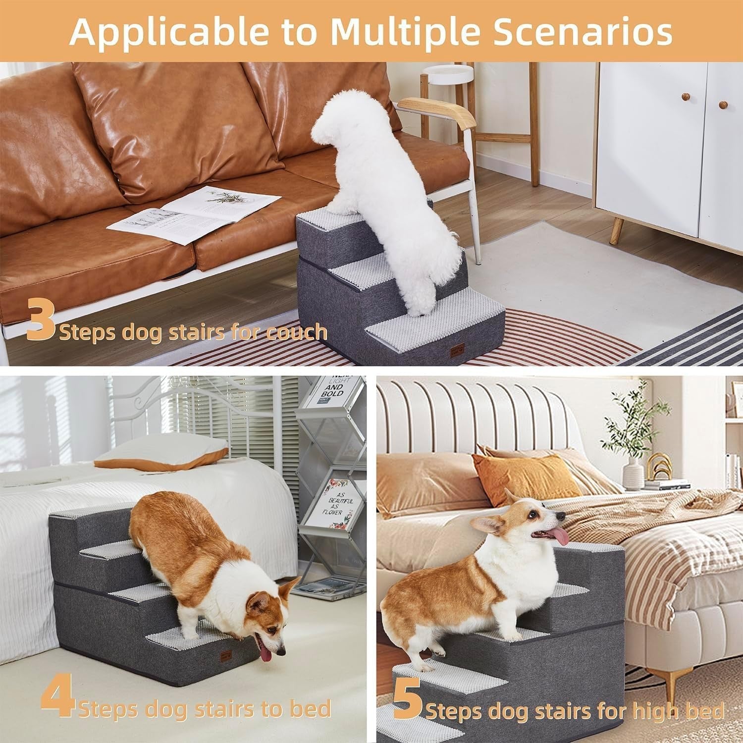 4 Step Dog Stairs for High Bed Non Slip Pet Ramp Grey