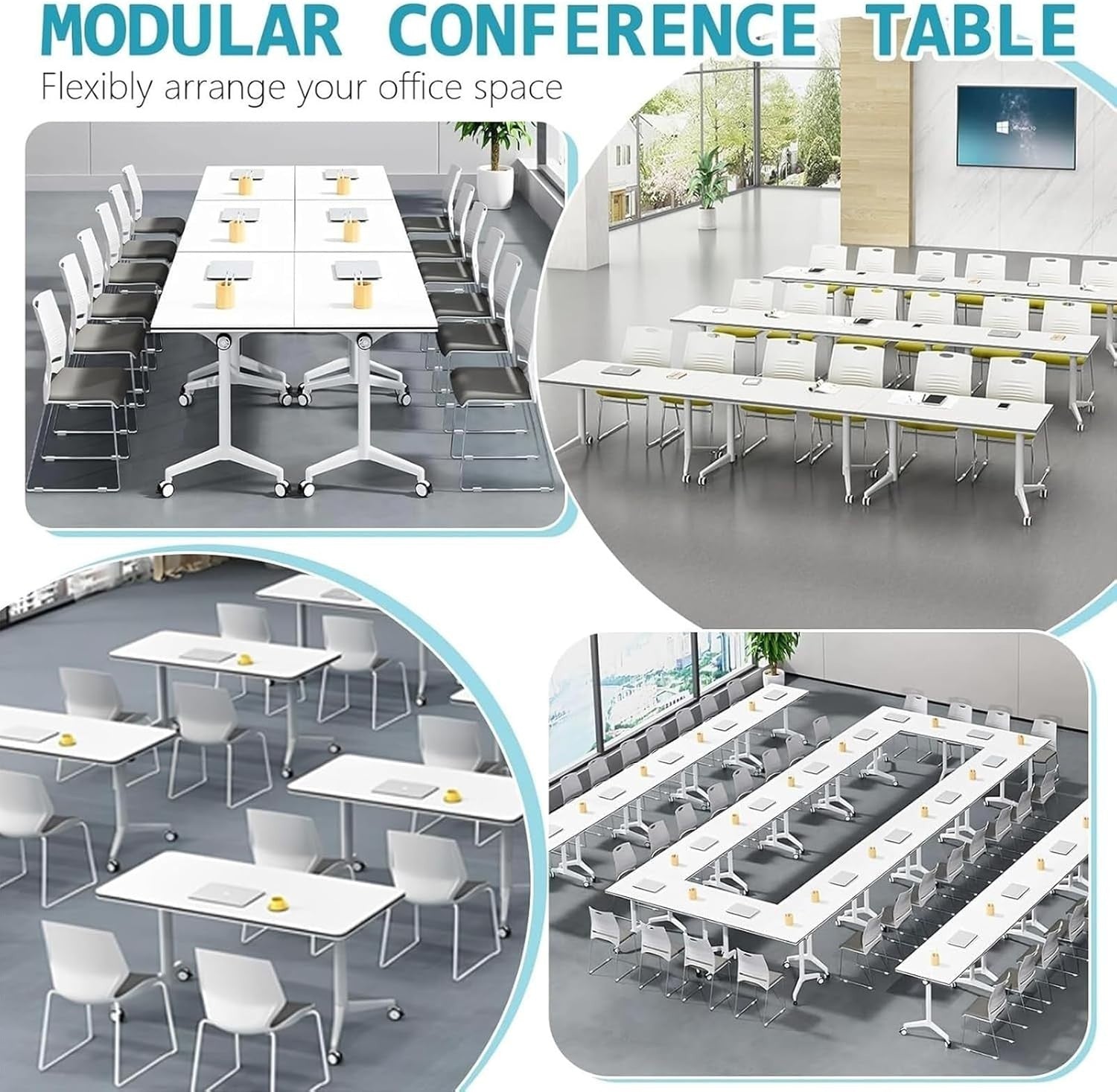 Set of 4 Foldable Conference Tables 120×60cm w/ Wheels – Mobile Training Desk