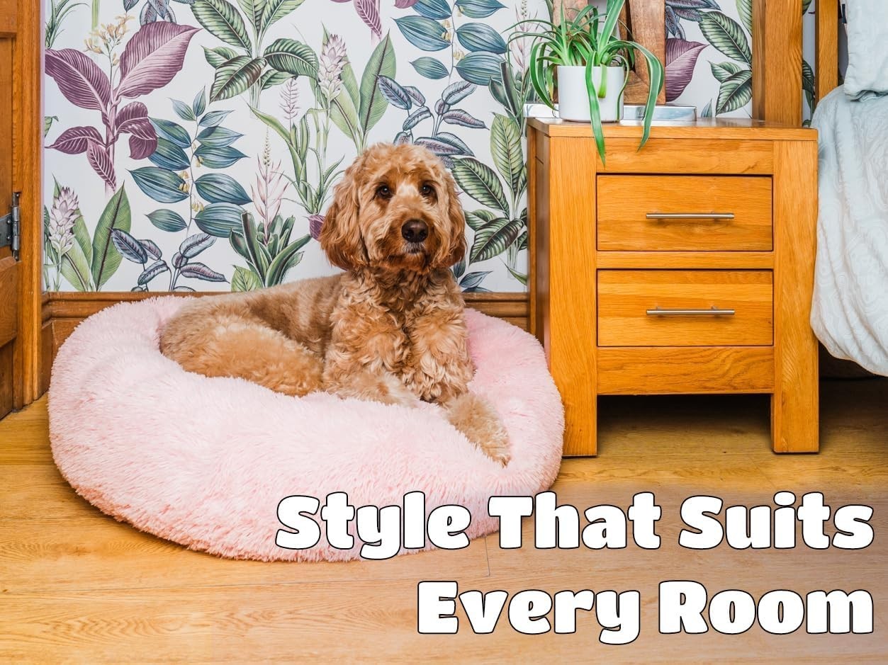 Large Donut Dog Bed 80cm Calming Plush Washable Pink