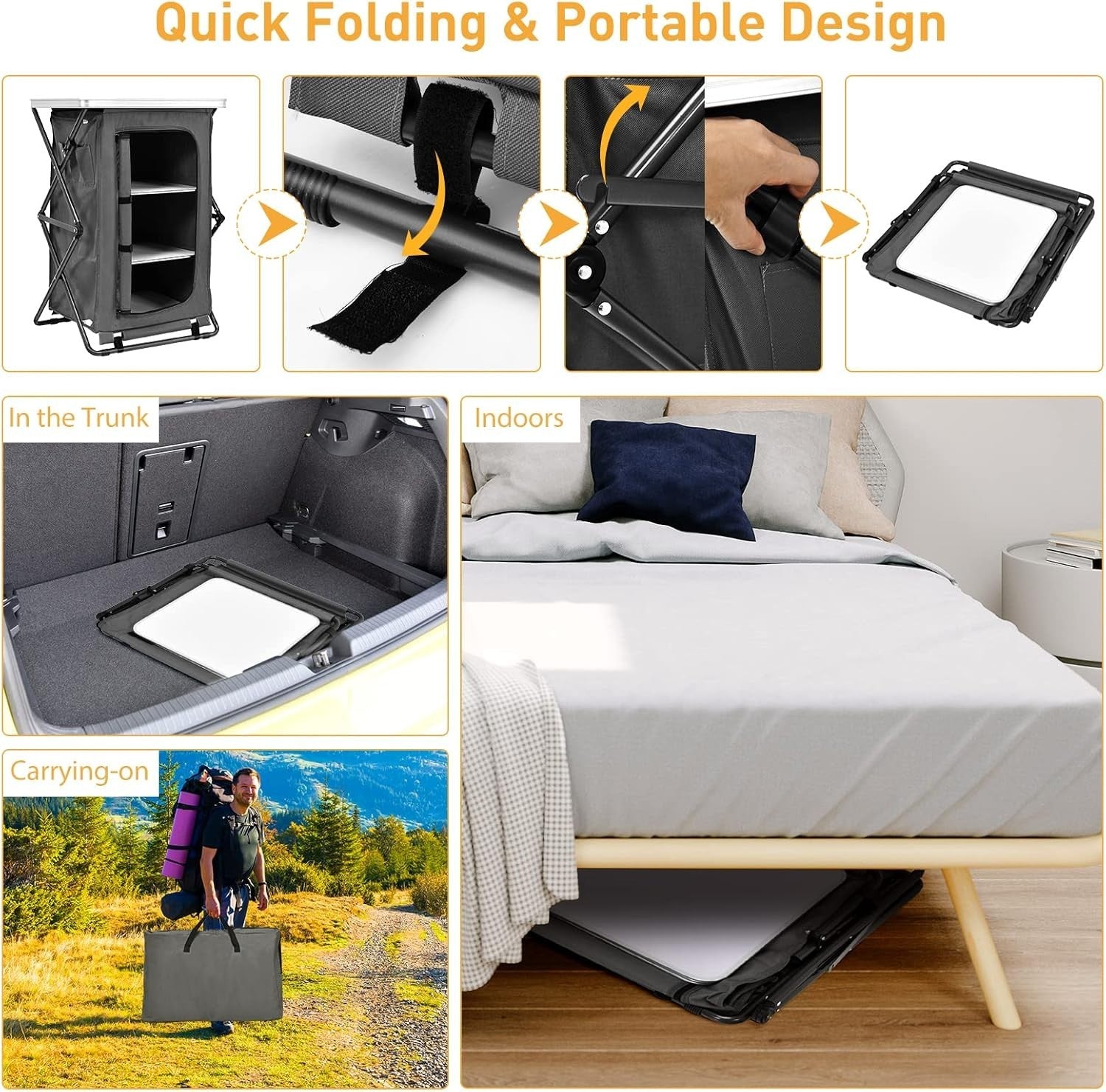 Portable Folding Camping Storage Cabinet with 3 Compartments & Side Pockets