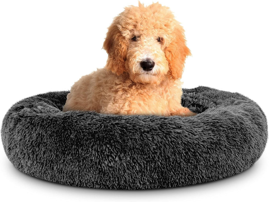 Large Plush Donut Dog Bed 91cm Calming Round Nest Grey