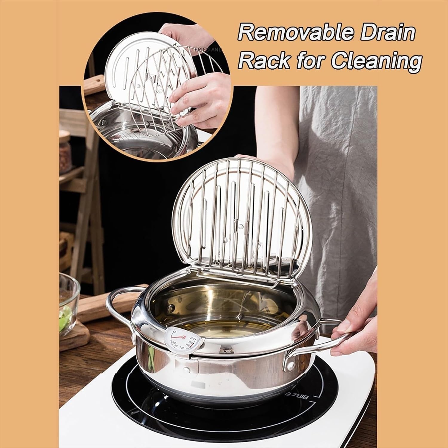 21cm Stainless Steel Tempura Frying Pot w Thermometer Lid Oil Spout