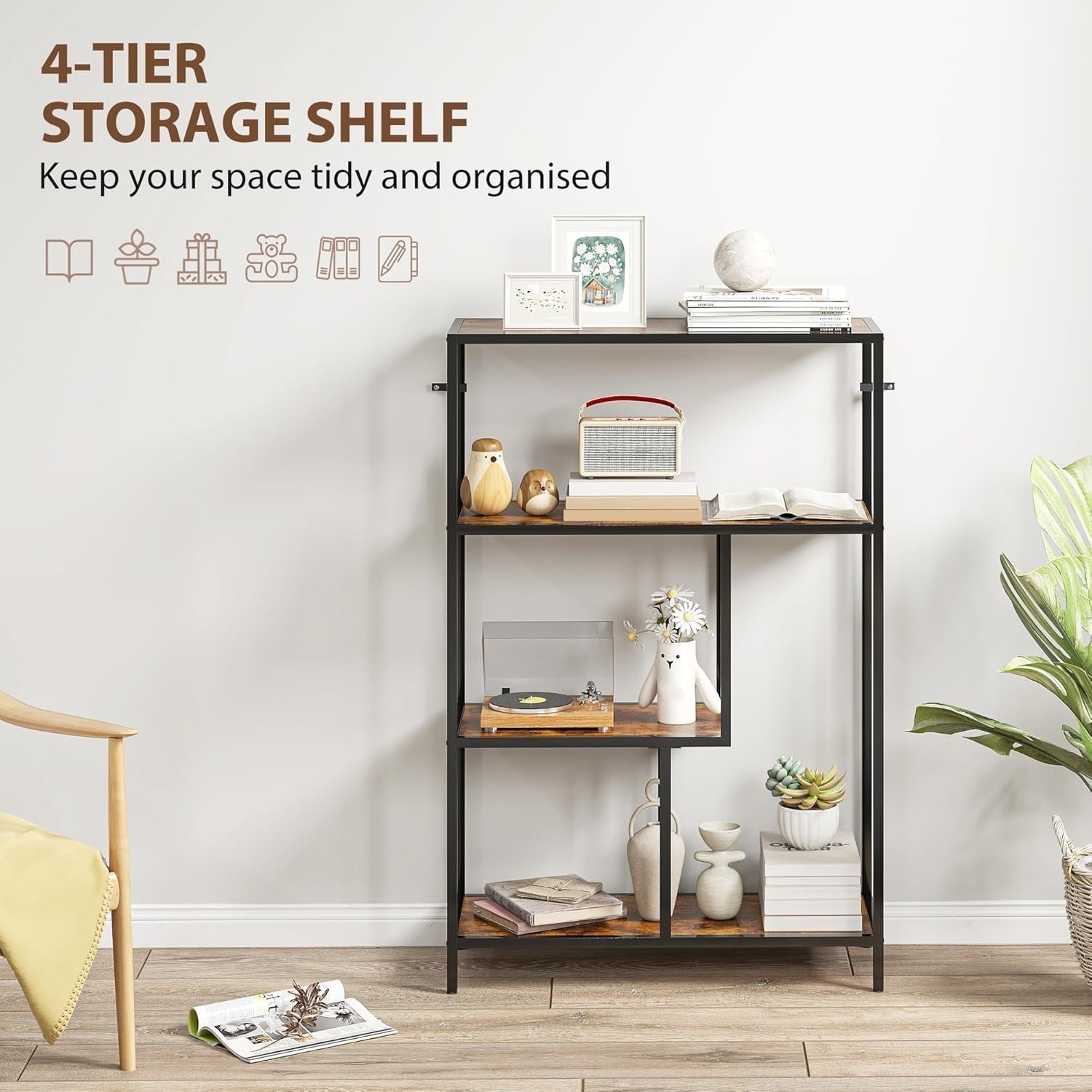 4 Tier Industrial Bookcase Rustic Brown Metal Frame Freestanding Shelf 116cm