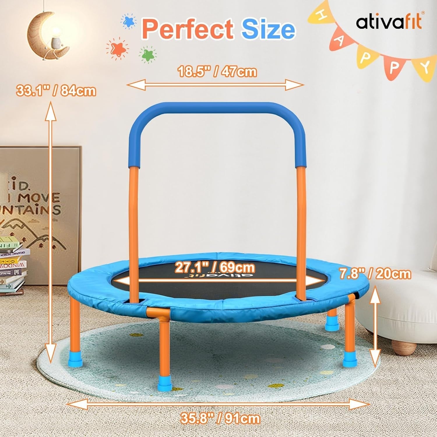 36” Toddler Mini Trampoline w Foam Handle Quiet Indoor Outdoor Play