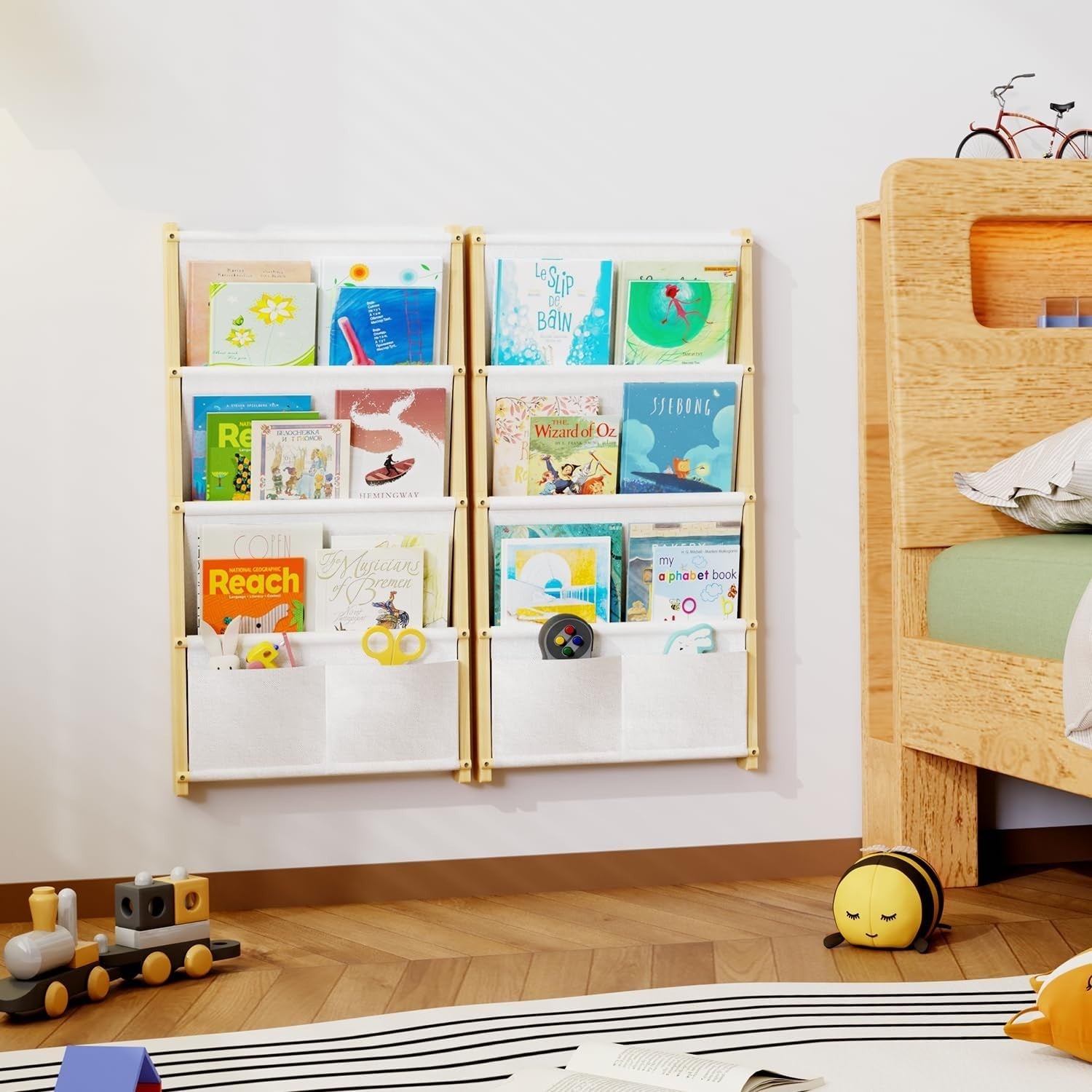 4-Tier Wall Mounted Kids Bookshelf Floating Wooden Book Shelf Organizer