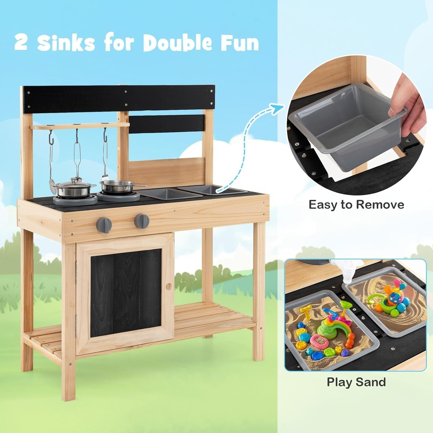 Outdoor Wooden Mud Kitchen Kids Playset w/ Sinks Stoves Accessories