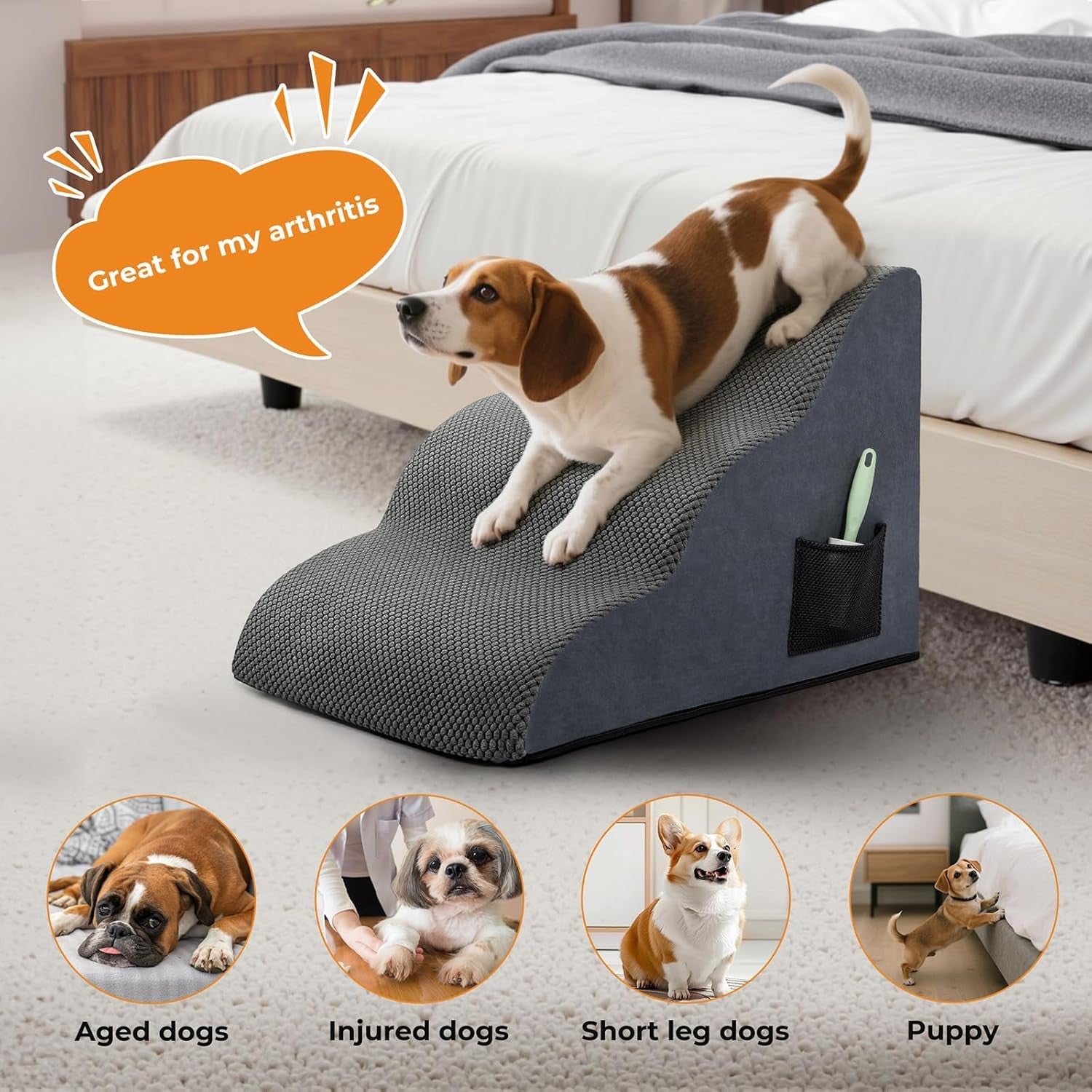 3‑Step Foam Dog Stairs for Bed Sofa – Non‑Slip Washable Pet Ramp Steps