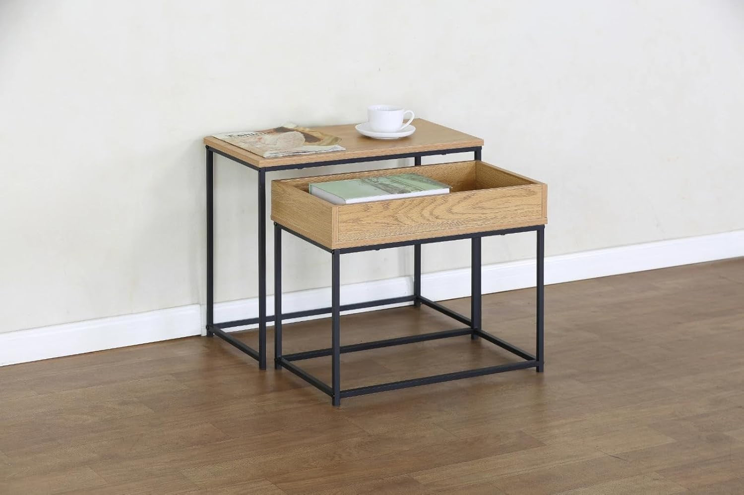 2 Nesting Side Tables Coffee Bedside Modern Steel Frame Melamine Top Black/Oak