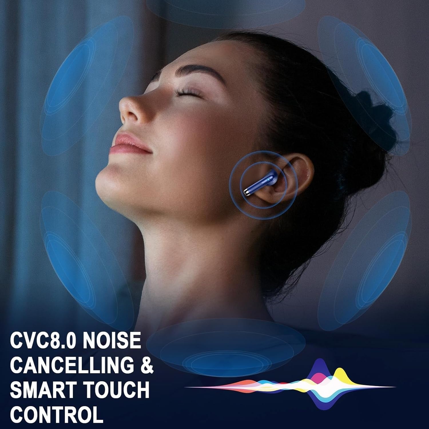 Bluetooth 5.4 Earbuds Blue ENC Noise Cancel Mic 40H LED Touch IP7