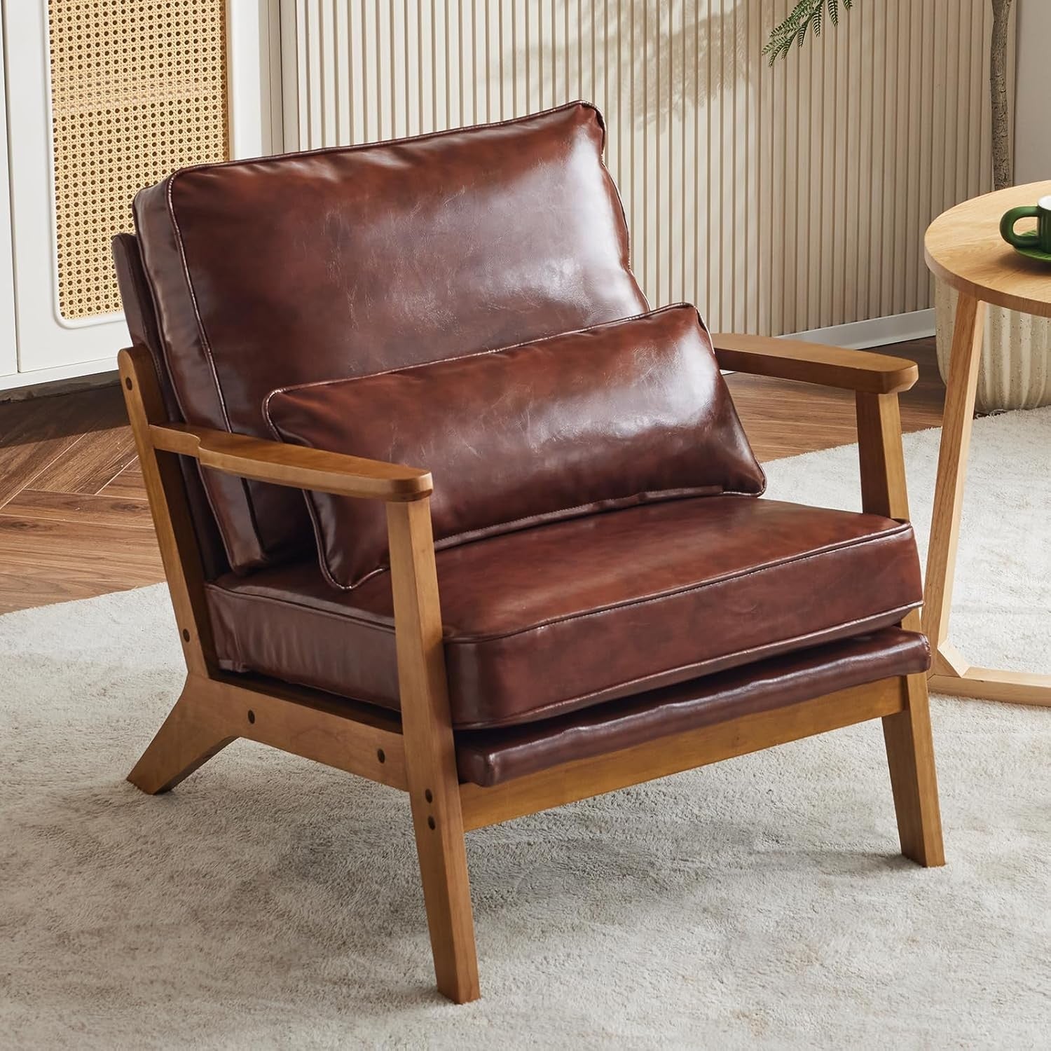 Elegant Brown Leather Accent Chair – Solid Wood Lounge Armchair