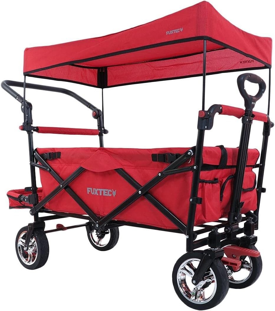 Red Folding Kids Wagon w/ Roof Push Pull Cart Brakes Solid Wheels & Extension