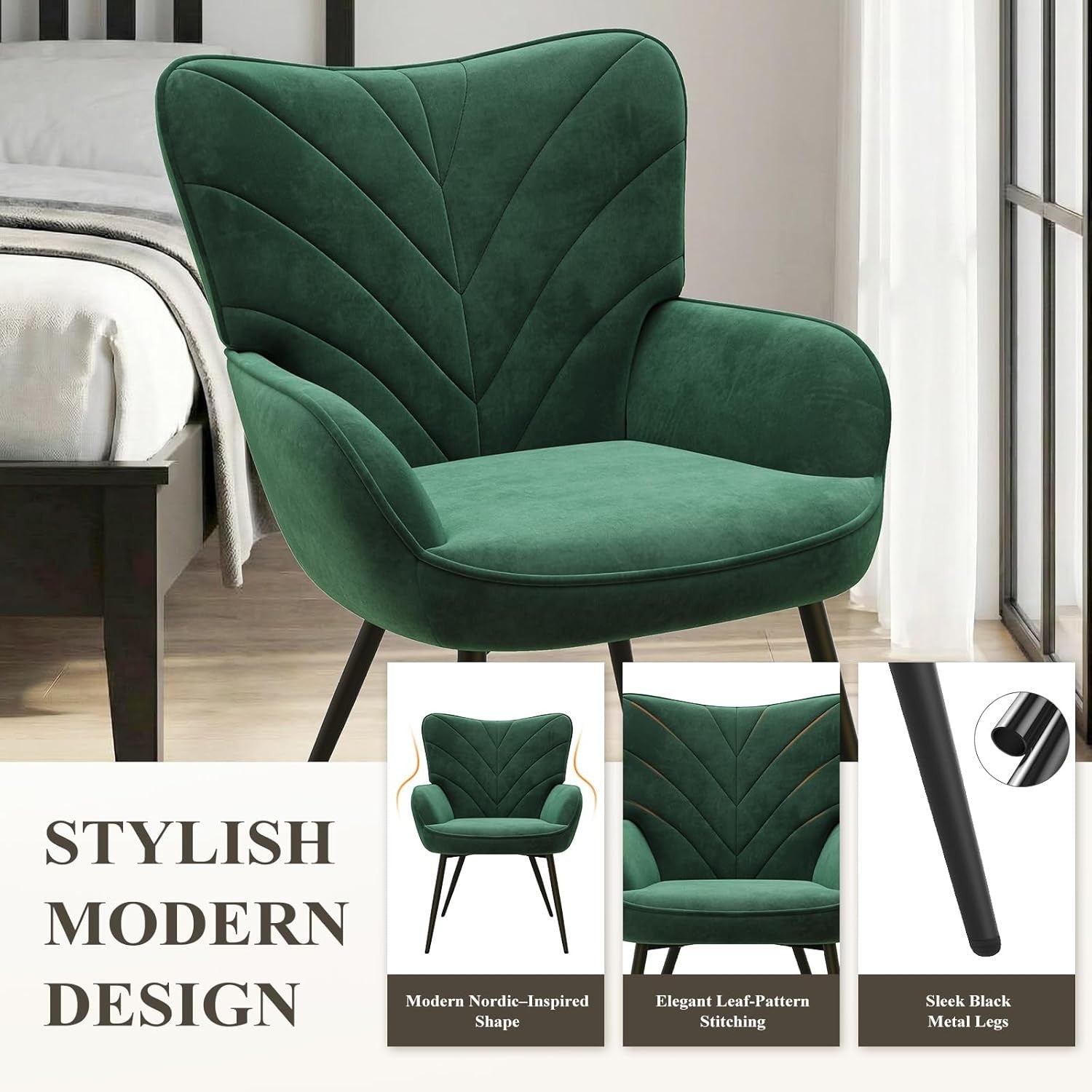 Green Velvet Accent Chair Armchair Black Metal Legs Wide Seat
