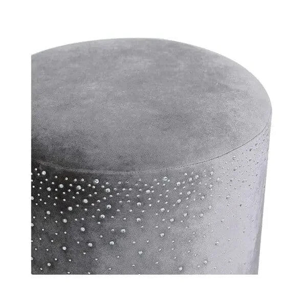 Grey Round Velvet Stool with Sparkle Diamante Detail – Compact Ottoman Seat