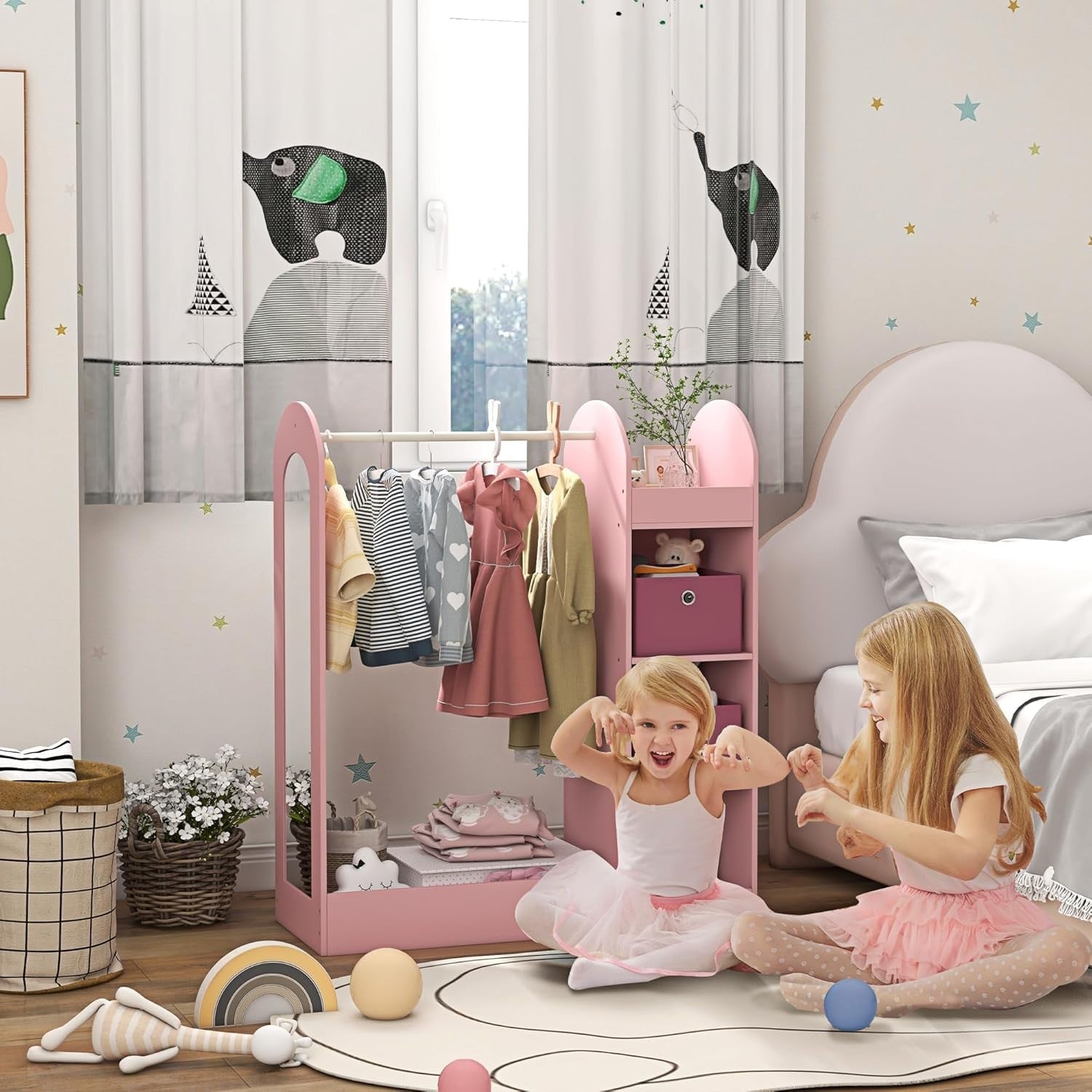 Kids Wardrobe with Mirror & Boxes, Dress Up Rail Pink