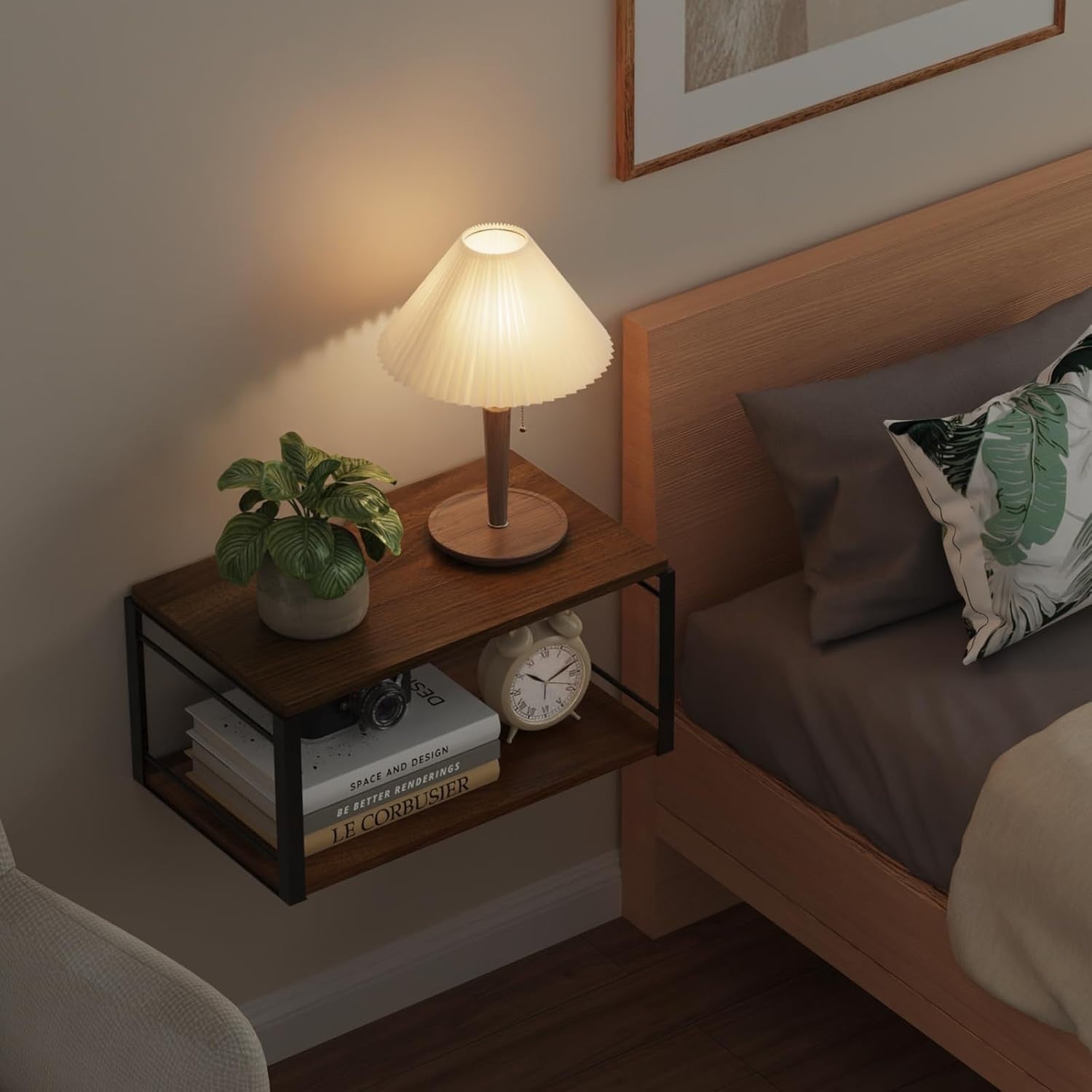 Set of 2 Floating Bedside Tables – Wall Mounted Walnut Shelves for Bedroom