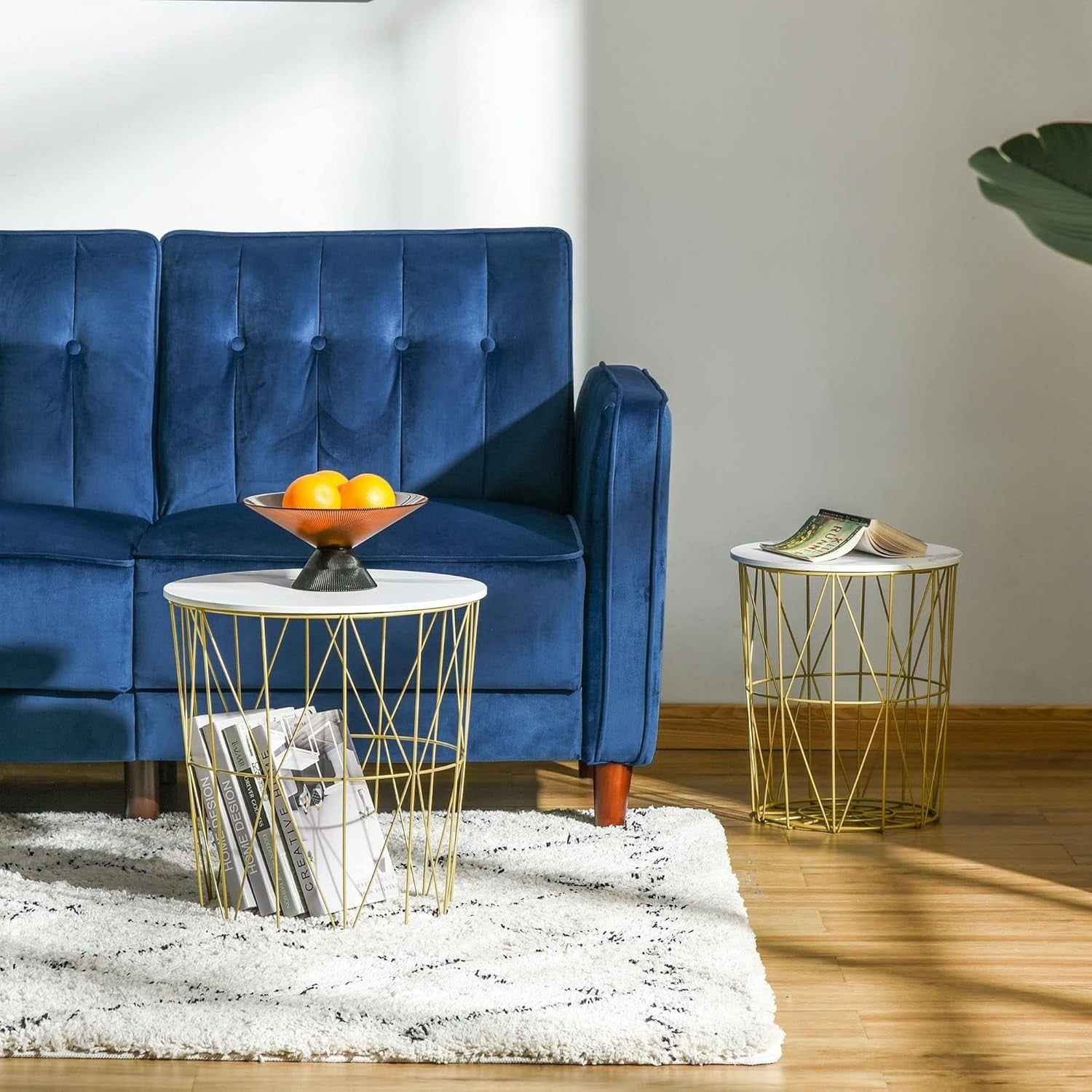 Set of 2 Gold Nesting Side Tables Round Coffee End Table Storage Marble Effect
