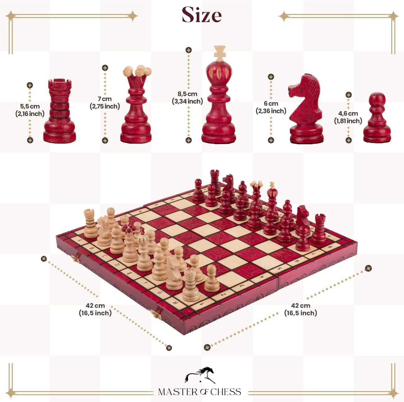Luxury 42cm Red Wooden Chess Set XL | Handcrafted Board & Carved Pieces | Premiu