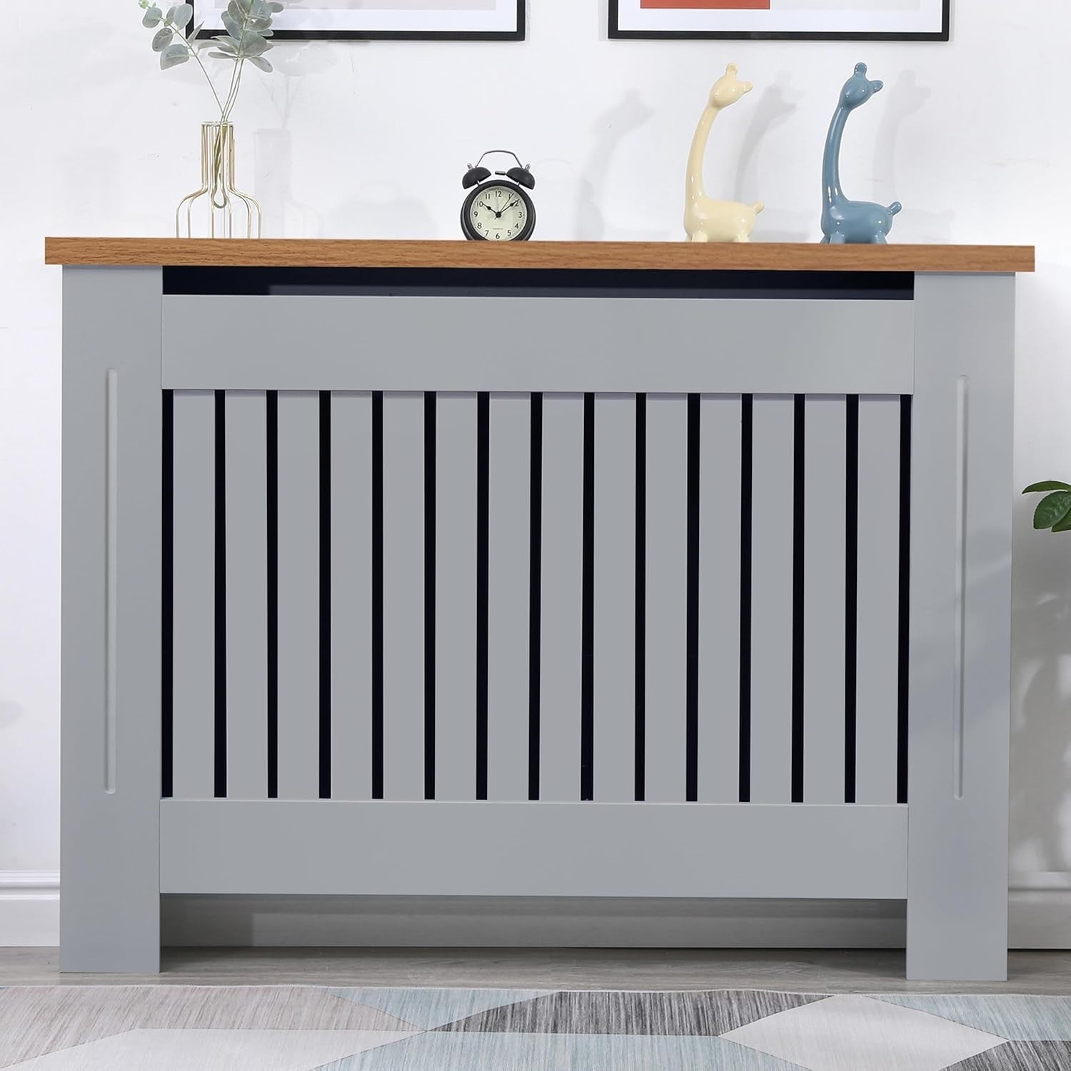 Modern Radiator Cover Medium Grey Oak Top | MDF Slatted Heating Cabinet Shelf