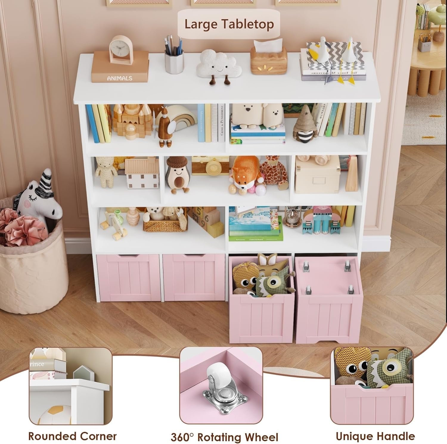 Kids Toy Storage Cabinet with Shelves 4 Drawers Nursery Playroom Organizer Pink