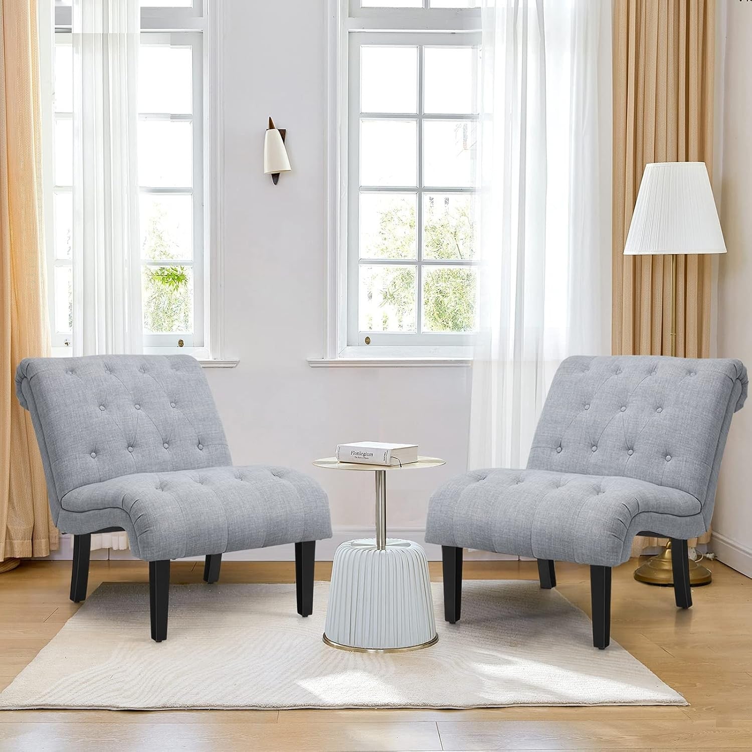 Light Grey Accent Chair Linen Lounge Button Tufted Armchair