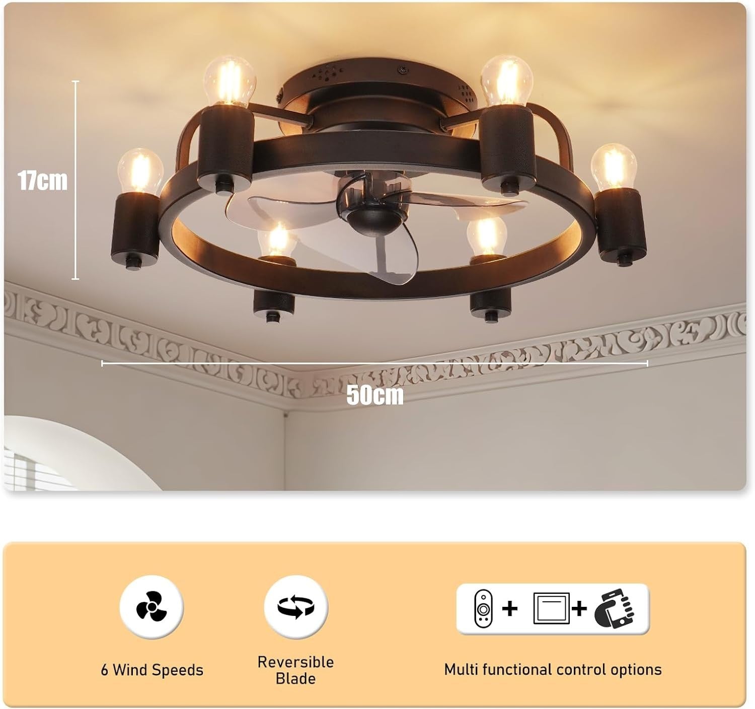 ZHXINASHU Retro Ceiling Fan with Light & Remote, 3-Blade, Black, E27