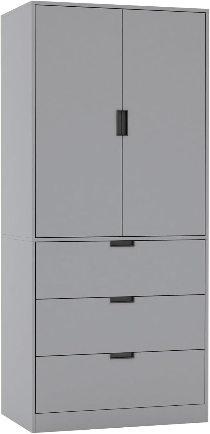 Modern Grey Tall Wardrobe 2 Door 2 Drawer with Rail Bedroom Storage Unit