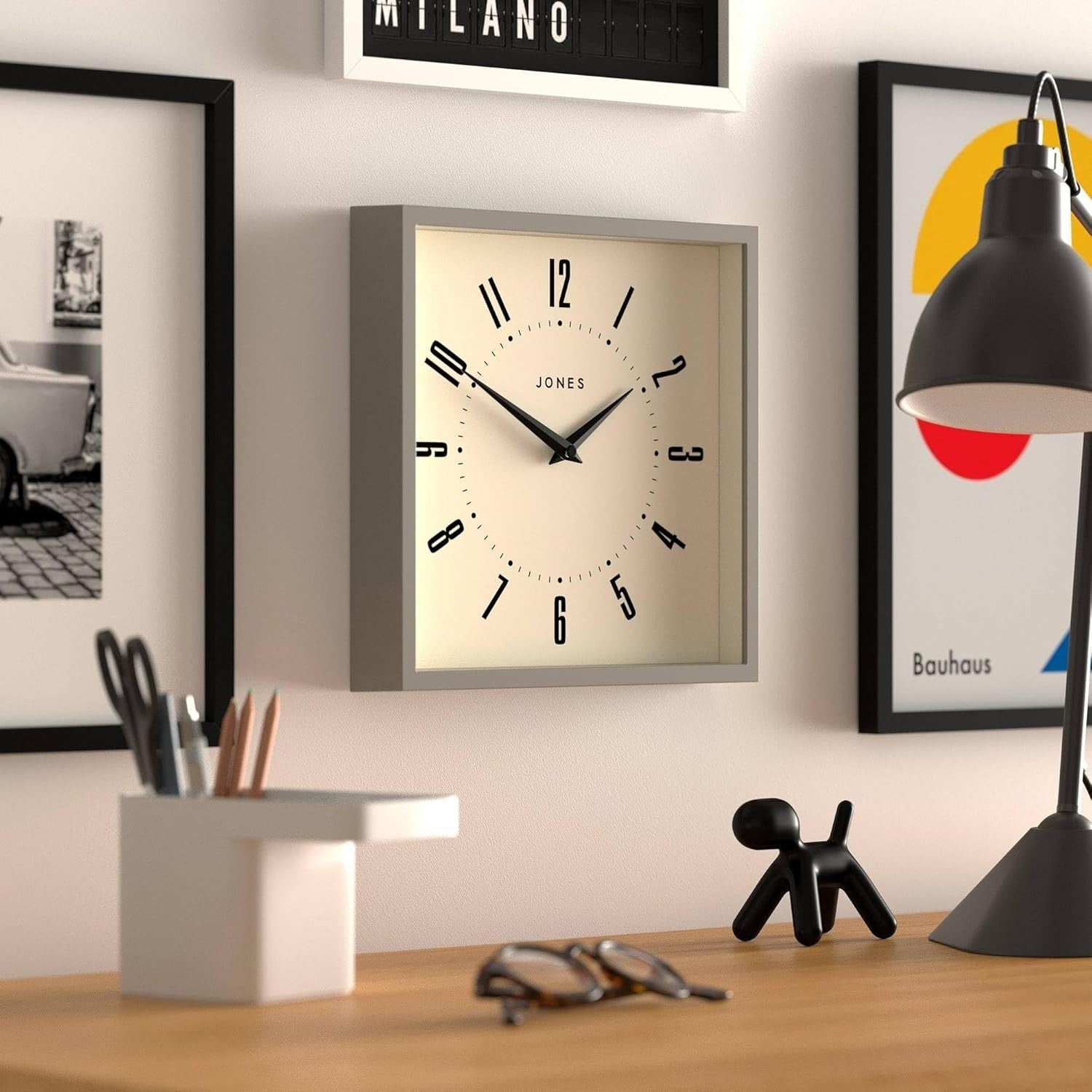 25cm Grey Square Wall Clock Retro Silent Quartz Easy Read Numbers Kitchen Office