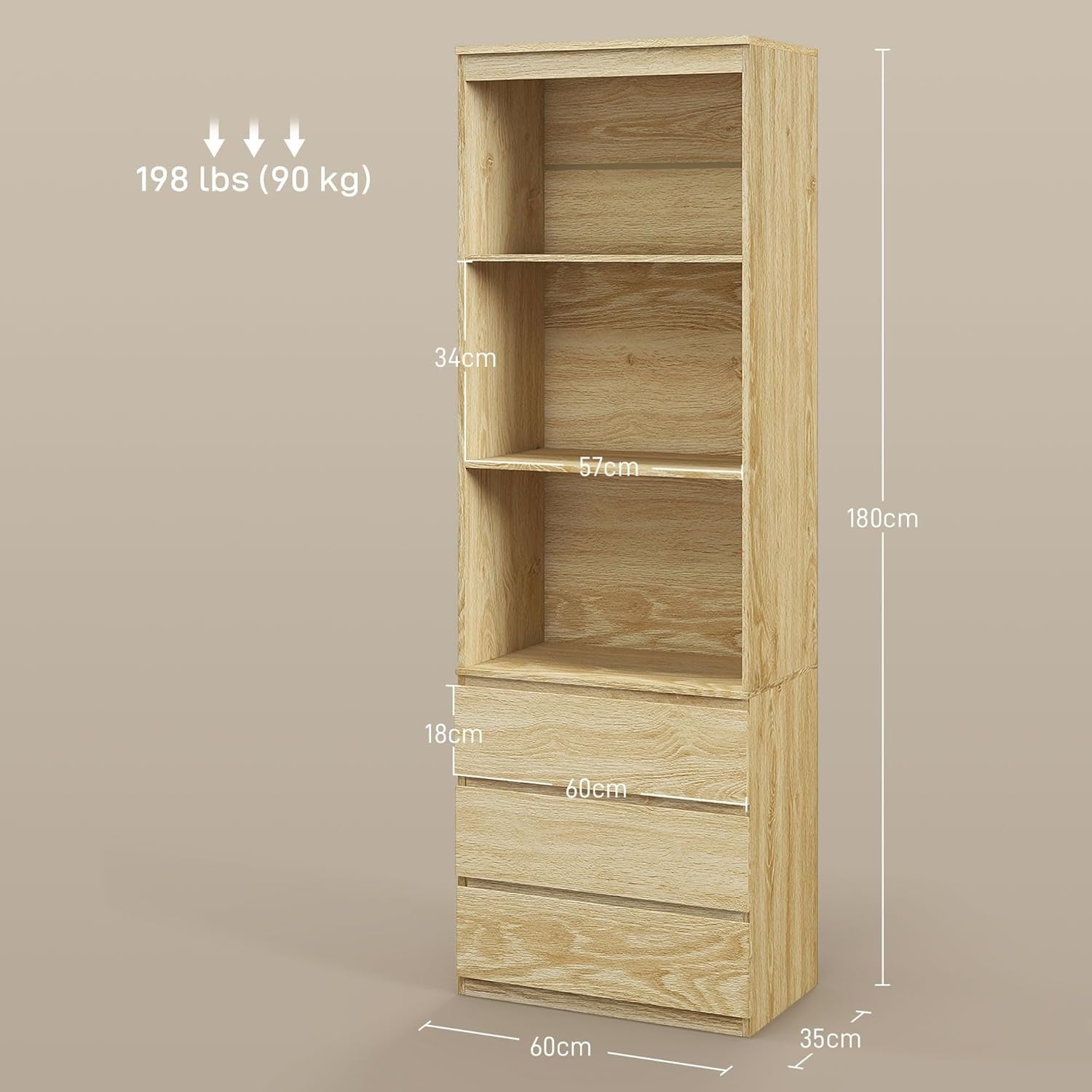Tall Oak Bookcase with Drawers 180cm Slim Storage Shelf Modern Display Unit