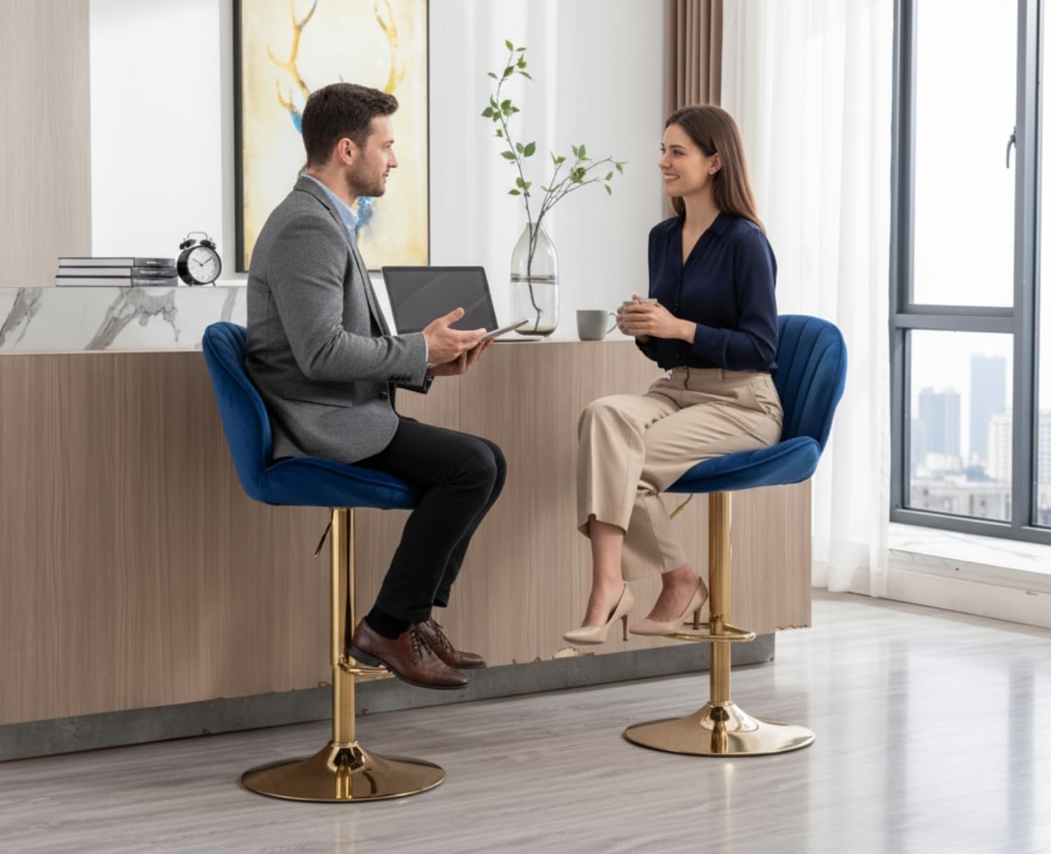 Blue Velvet Swivel Bar Stools Set of 2 Adjustable Kitchen Counter Chairs