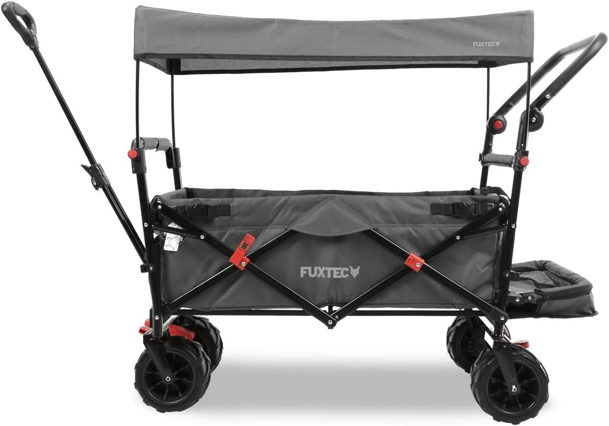 Grey Beach Wagon Foldable Cart w/ Roof Extra-Wide Wheels Push Handle & Brakes