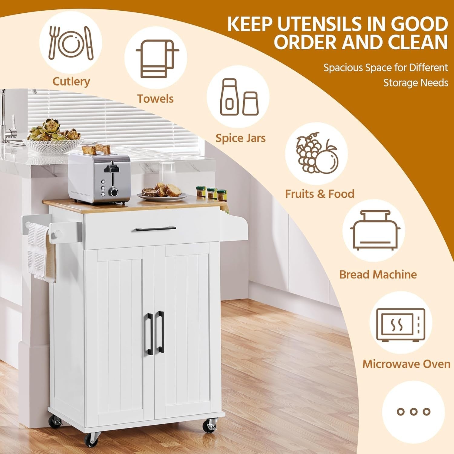 Kitchen Island Cart on Wheels w/ Bamboo Top Cabinet