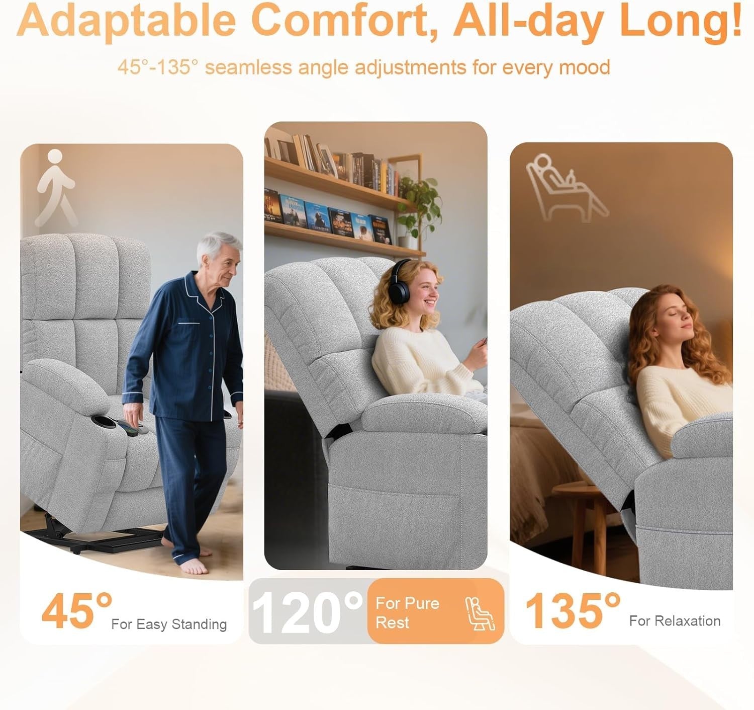 Light Grey Lift Recliner Chair Elderly Massage Heat USB Cup Holders Footrest