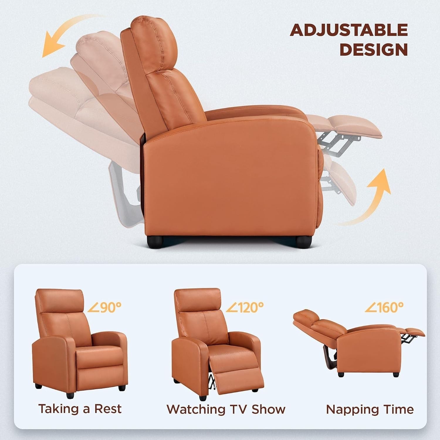 Tan PU Leather Recliner Armchair Adjustable Sofa Chair for Home Lounge