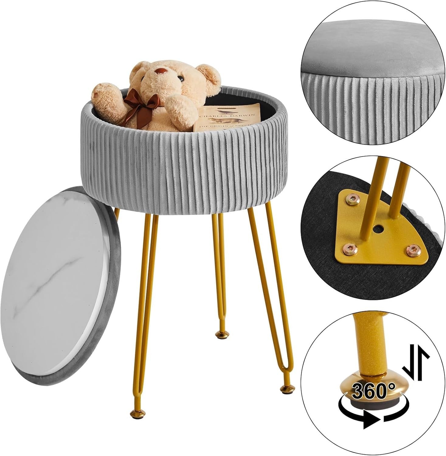 Grey Velvet Storage Footrest Ottoman – Round Vanity Stool with Gold Legs