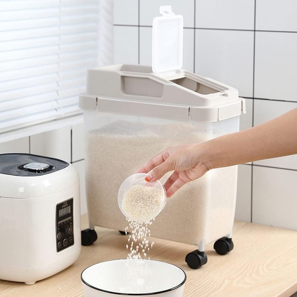 10KG Rice Storage Bin on Wheels Sealed Dry Food Container with Cup