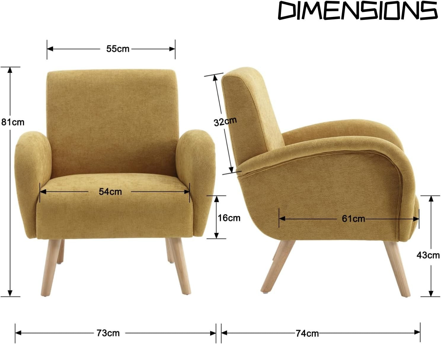 Yellow Chenille Accent Armchair High Back Lounge Chair Wooden Legs Modern