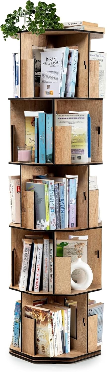 5 Tier Rotating Kids Bookshelf Corner Shelf Oak Wooden Storage Organizer