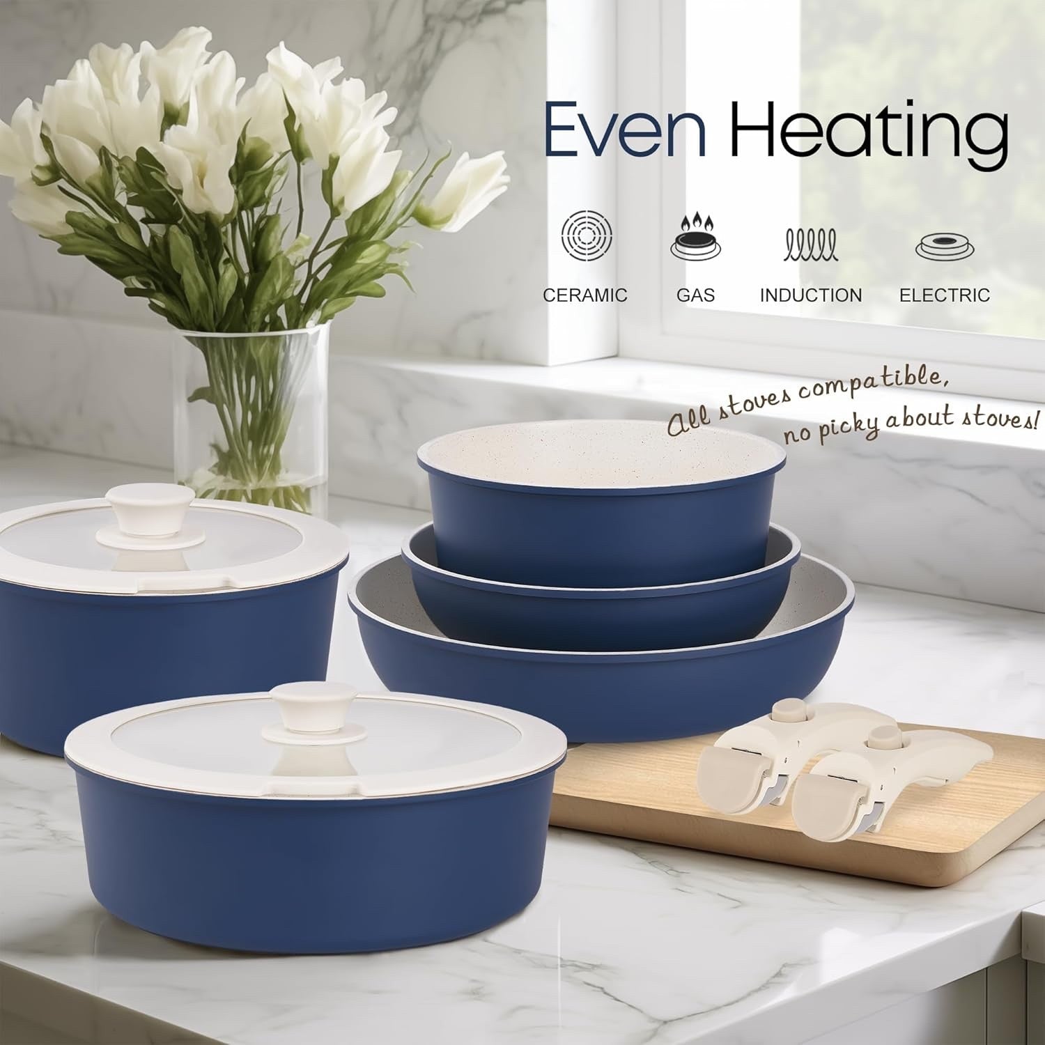 5Pcs Blue Pots Pans Set with Glass Lids & Detachable Handle Induction Safe